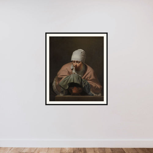 A Young Woman Warming her Hands over a Brazier: Allegory of Winter framed — shown to scale