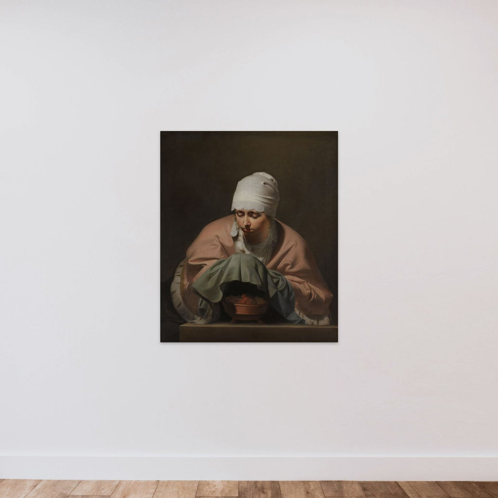 A Young Woman Warming her Hands over a Brazier: Allegory of Winter unframed — shown to scale