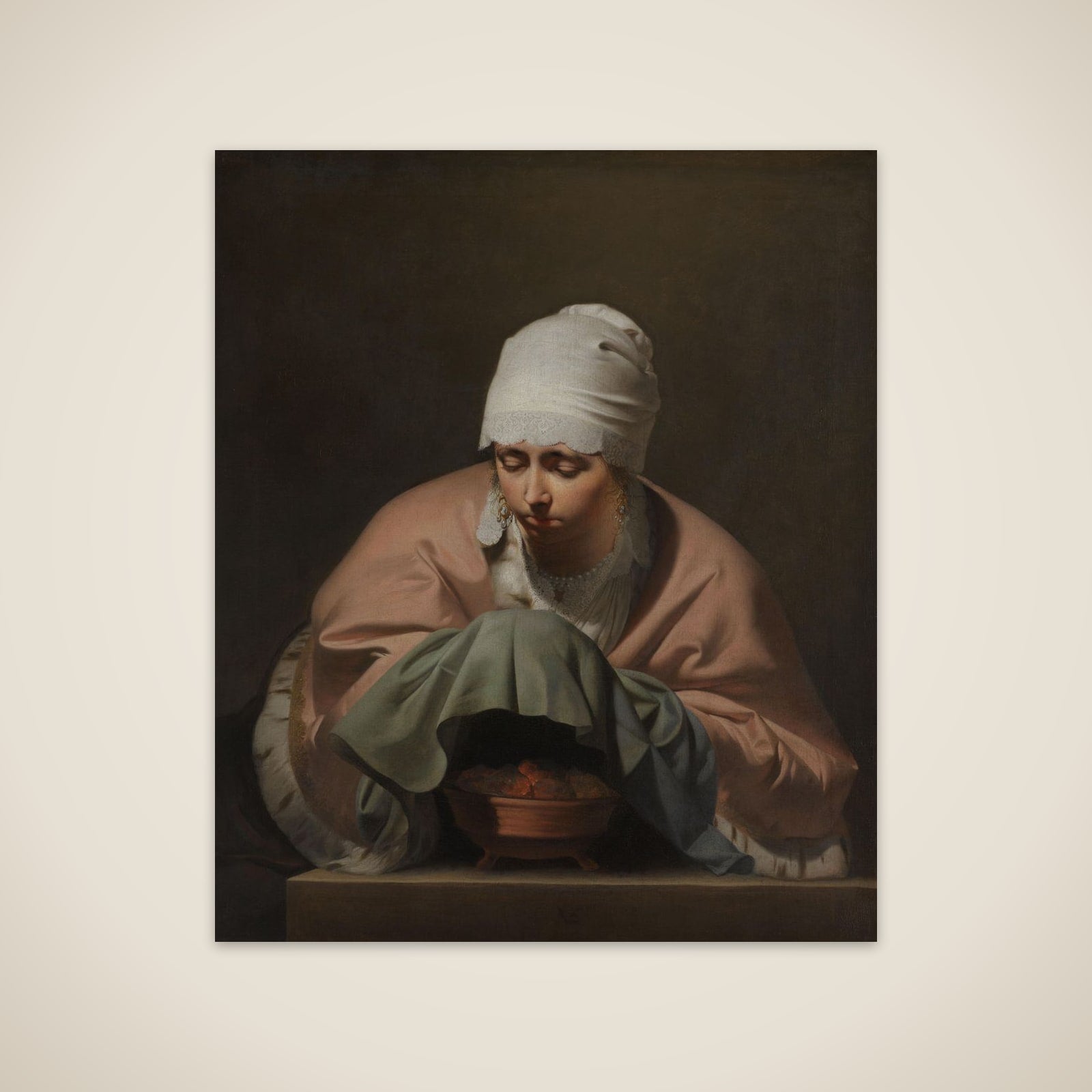 A Young Woman Warming her Hands over a Brazier: Allegory of Winter unframed print
