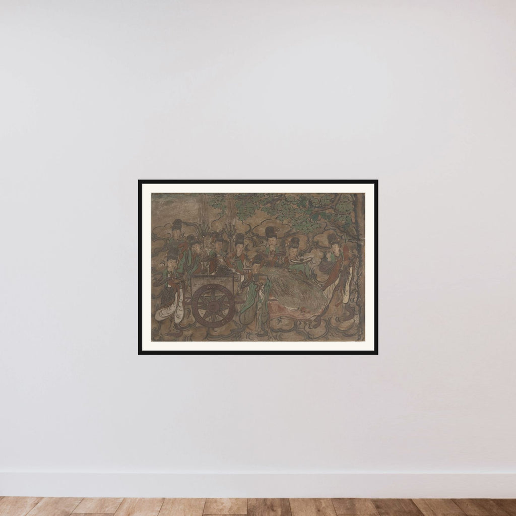 Ingelijste muurschildering voorstellende Xiwangmu en dienaressen framed — shown to scale