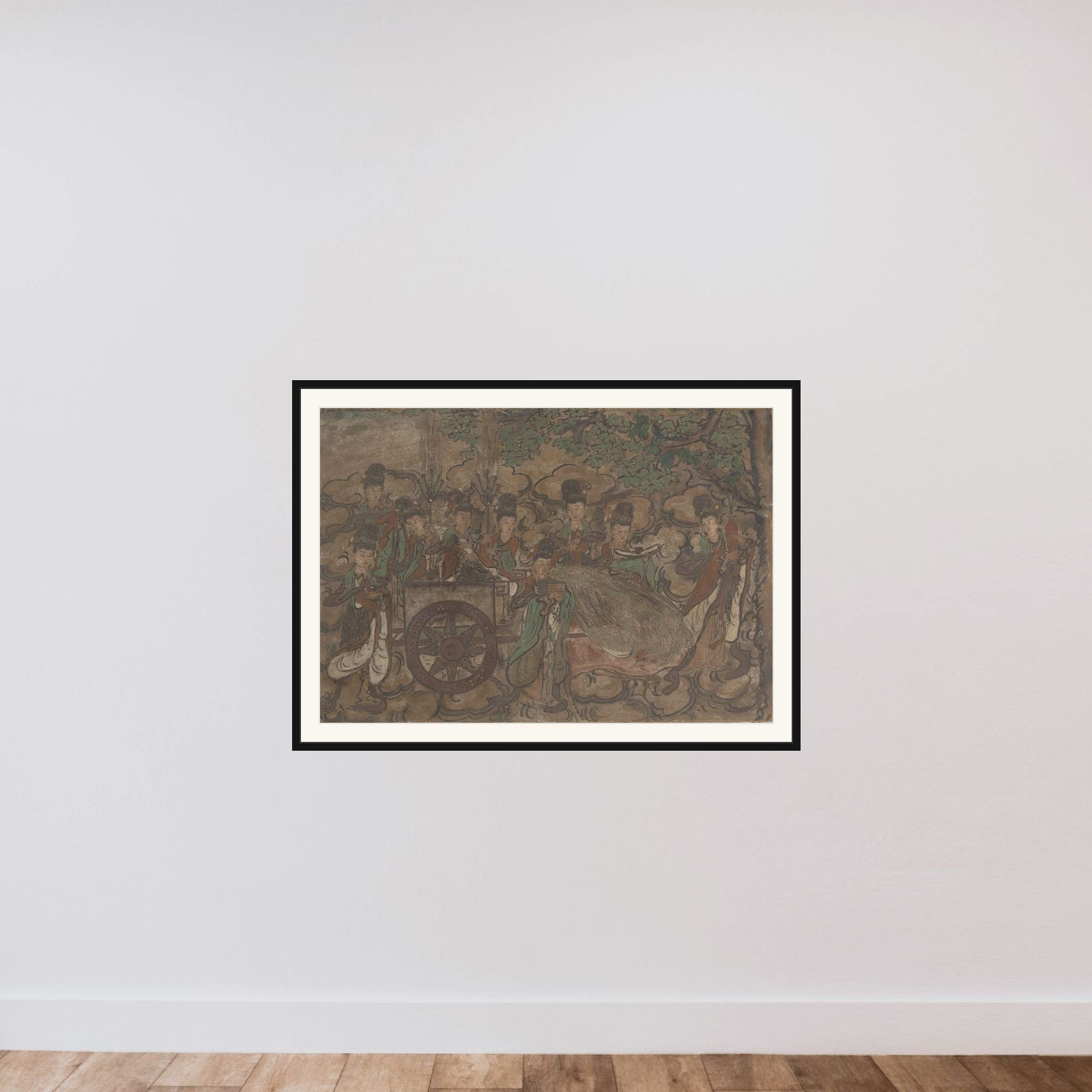 Ingelijste muurschildering voorstellende Xiwangmu en dienaressen framed — shown to scale