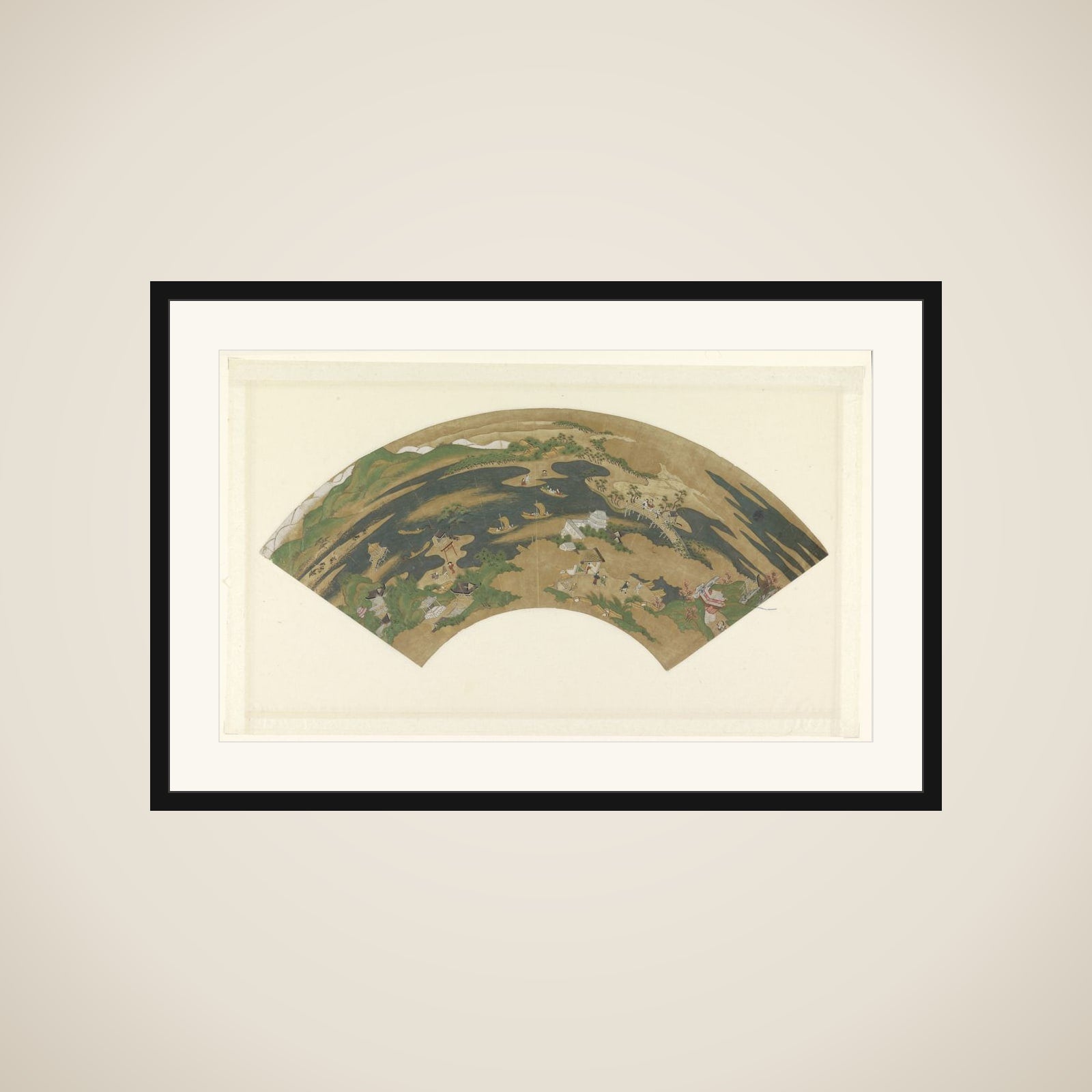 Waaierschildering met een rivierlandschap framed