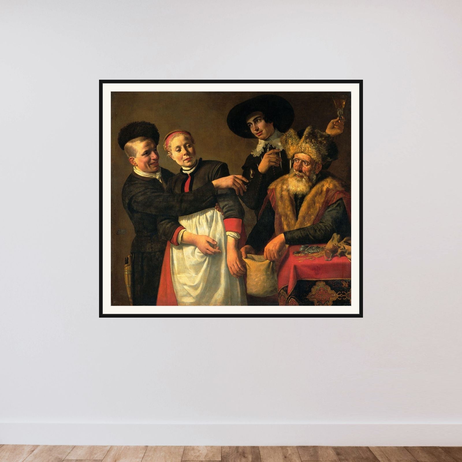 Mooy-Aal and her Suitors framed — shown to scale