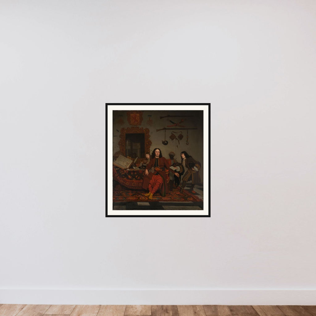 Portrait of Thomas Hees (b. 1634/35), resident and commissioner of the states general to the governments of Algiers, Tunis and Tripoli, with his nephews Jan (b. 1670/71) and Andries (b. 1662/63) Hees and a servant framed — shown to scale