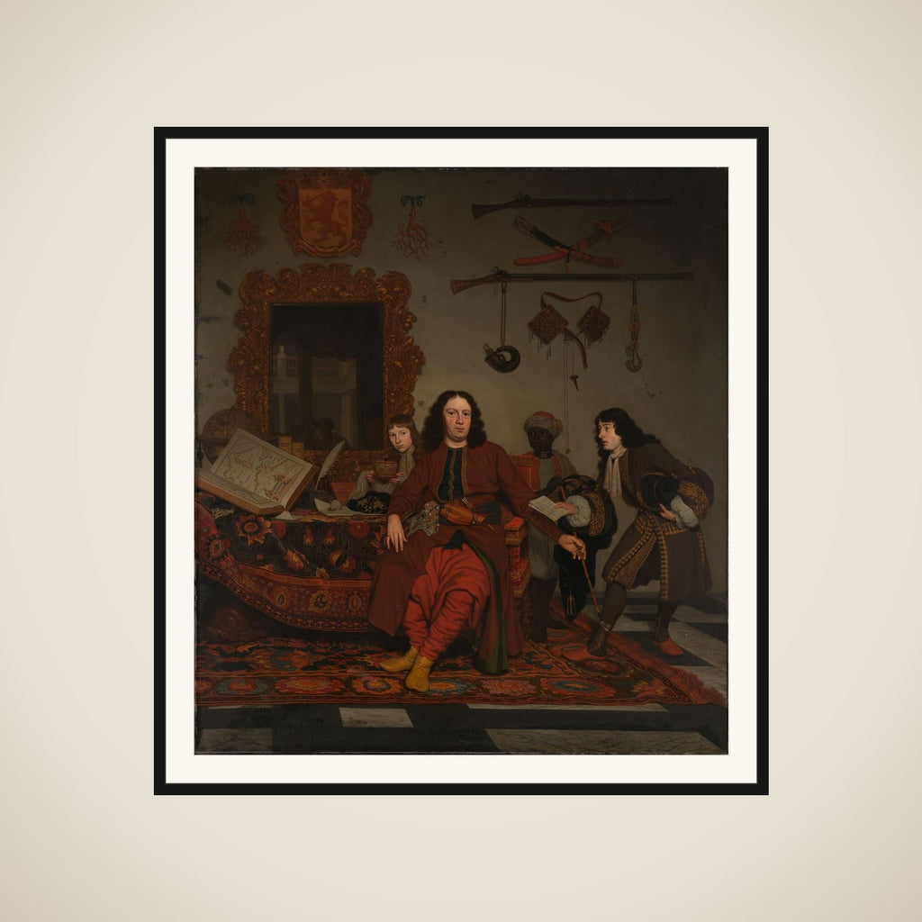 Portrait of Thomas Hees (b. 1634/35), resident and commissioner of the states general to the governments of Algiers, Tunis and Tripoli, with his nephews Jan (b. 1670/71) and Andries (b. 1662/63) Hees and a servant framed