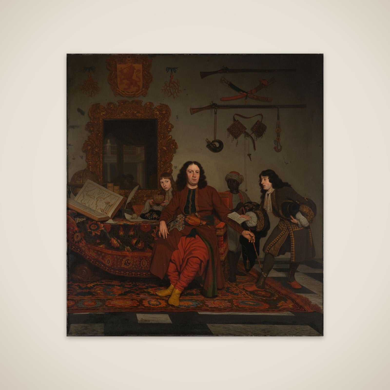 Portrait of Thomas Hees (b. 1634/35), resident and commissioner of the states general to the governments of Algiers, Tunis and Tripoli, with his nephews Jan (b. 1670/71) and Andries (b. 1662/63) Hees and a servant unframed print