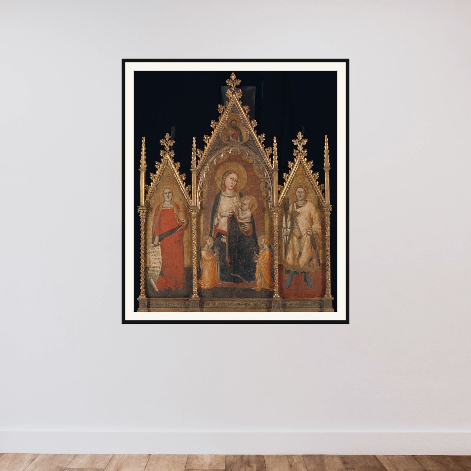 Triptych with the Virgin and Child, and Saints Mary Magdalene and Ansanus framed — shown to scale