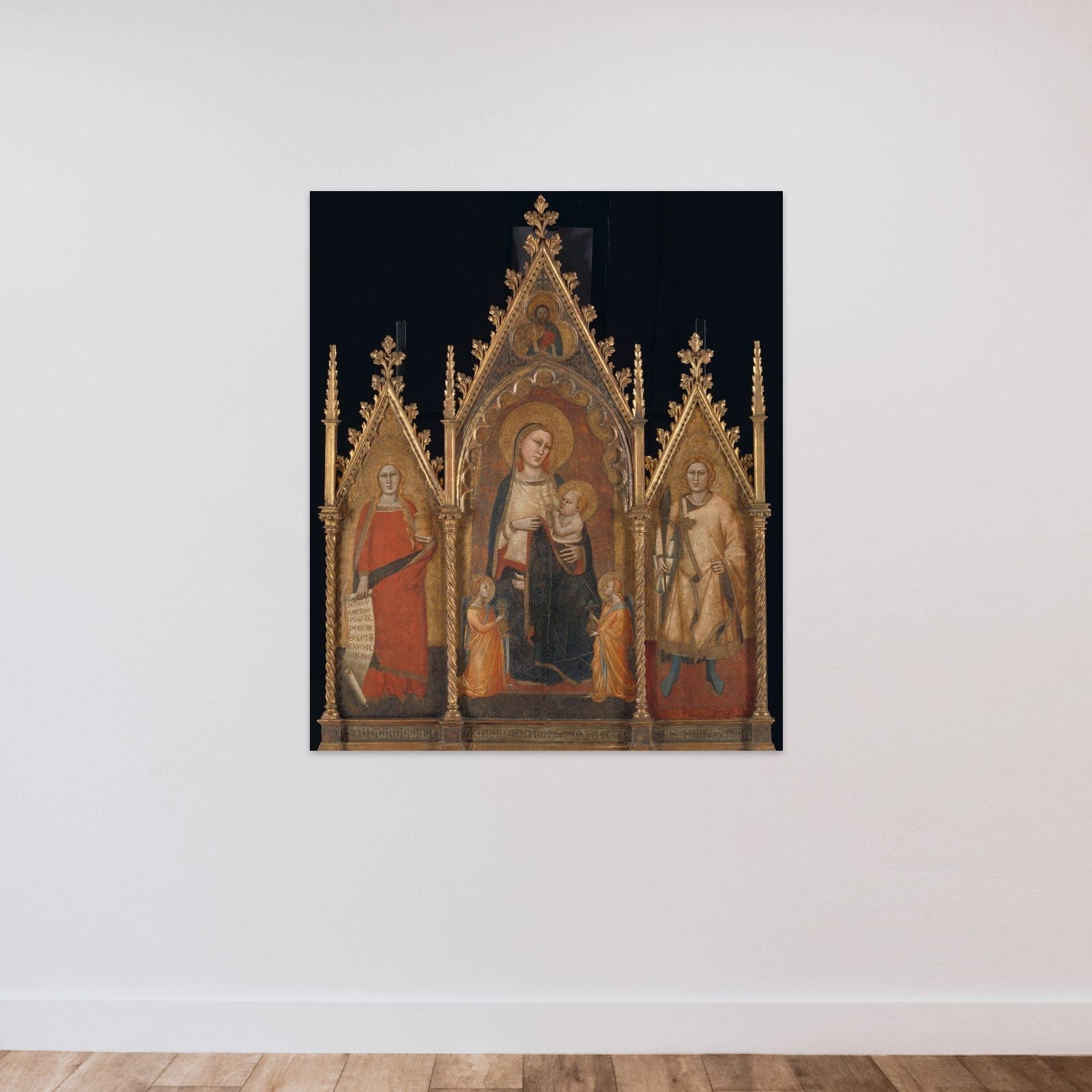 Triptych with the Virgin and Child, and Saints Mary Magdalene and Ansanus unframed — shown to scale