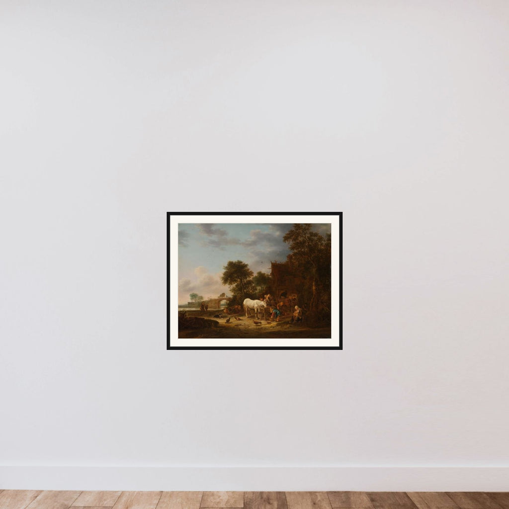 Country inn with a horse at the trough framed — shown to scale