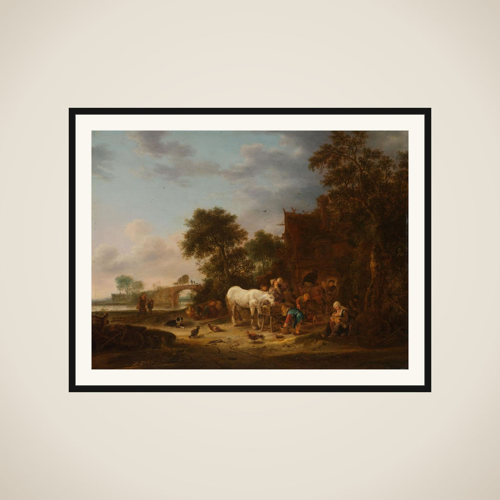 Country inn with a horse at the trough framed