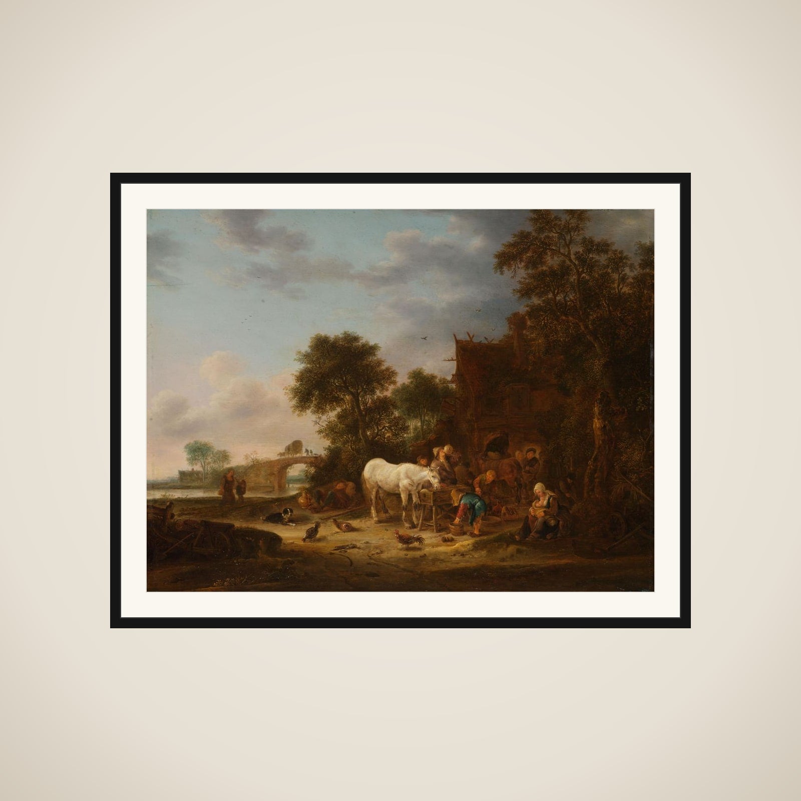 Country inn with a horse at the trough framed