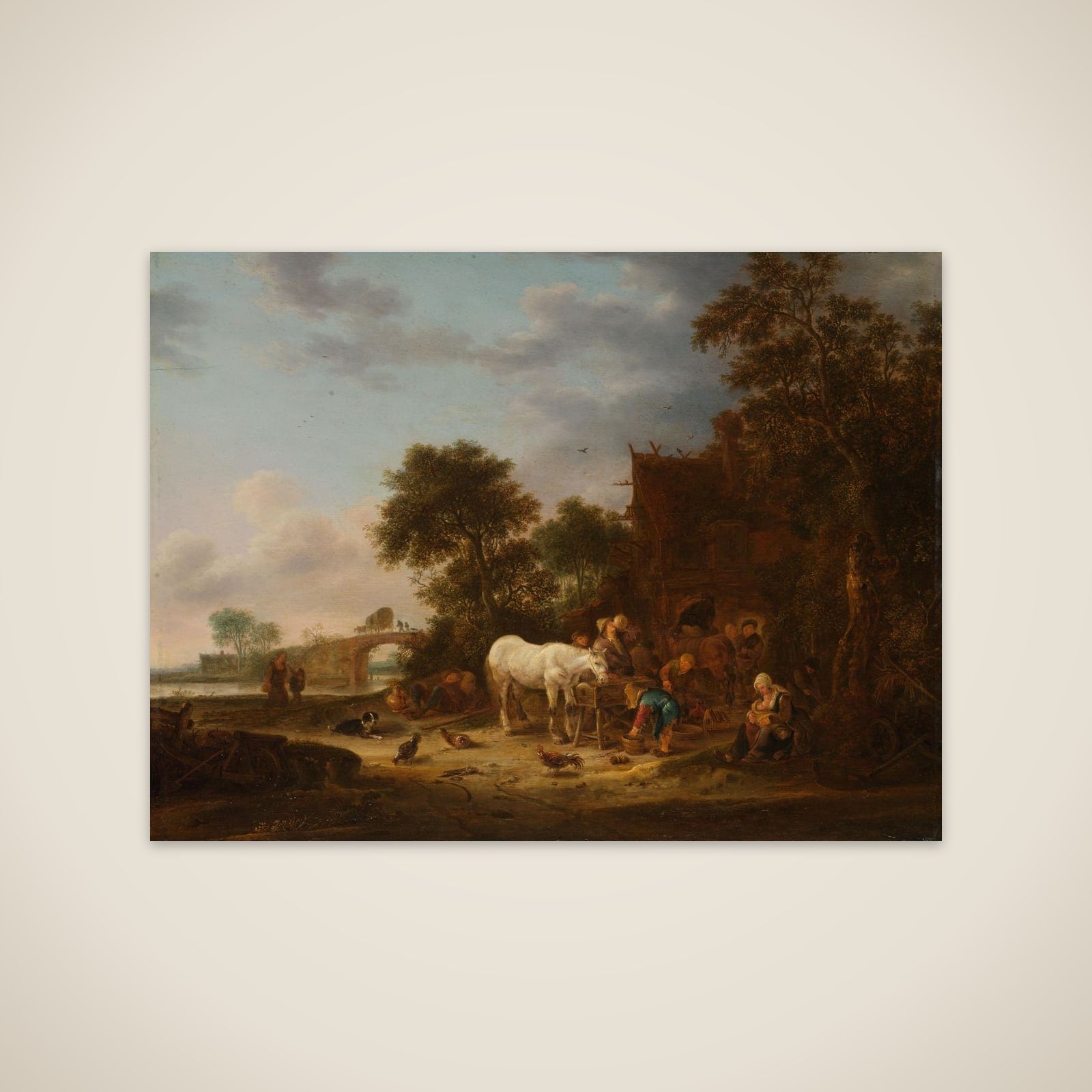 Country inn with a horse at the trough unframed print