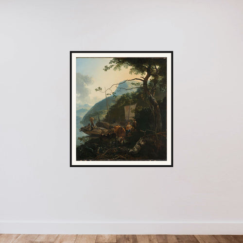 Boatmen moored on the shore of an Italian lake; perhaps intended to represent the flight into Egypt framed — shown to scale