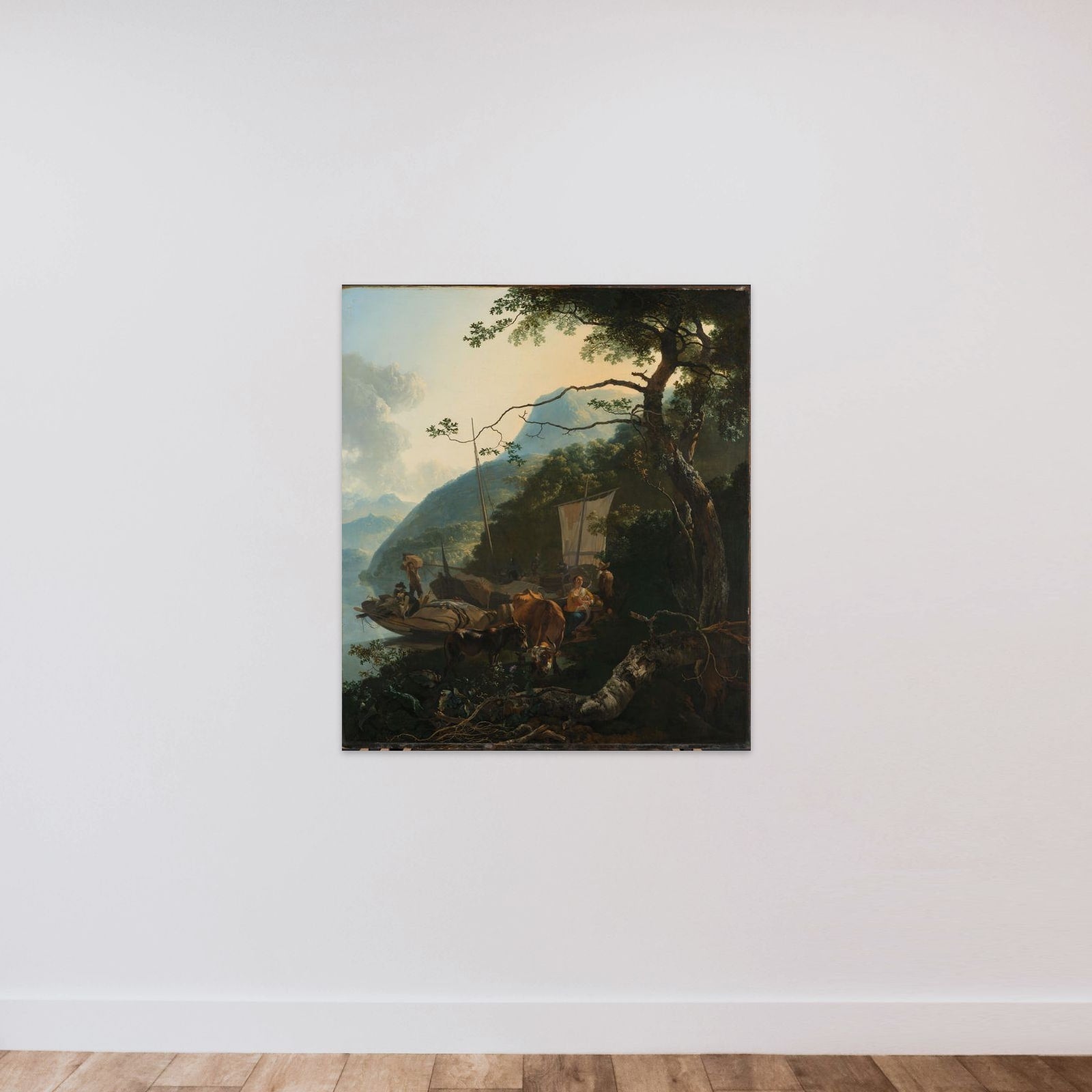 Boatmen moored on the shore of an Italian lake; perhaps intended to represent the flight into Egypt unframed — shown to scale