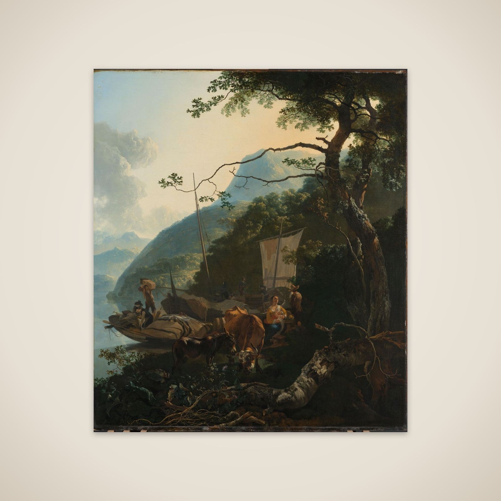Boatmen moored on the shore of an Italian lake; perhaps intended to represent the flight into Egypt unframed print