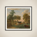 Cows in a meadow near a farm framed