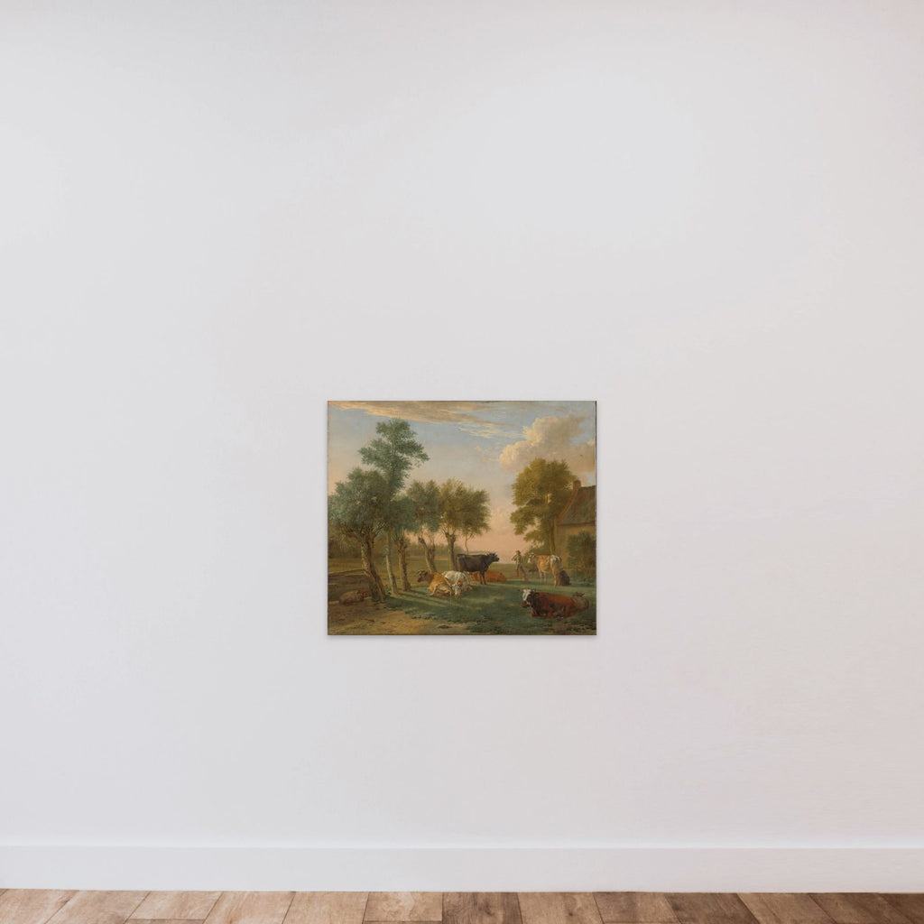 Cows in a meadow near a farm unframed — shown to scale