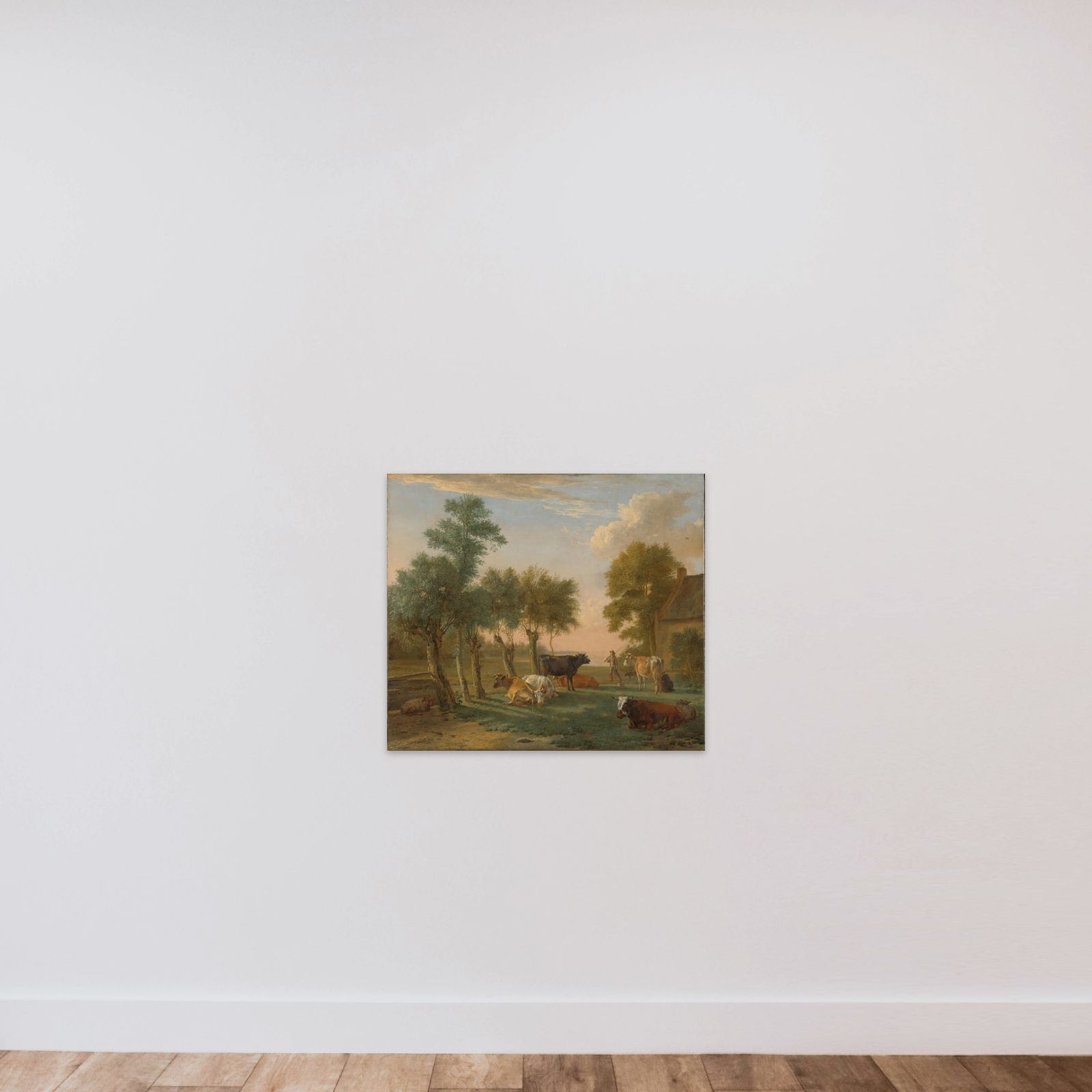 Cows in a meadow near a farm unframed — shown to scale