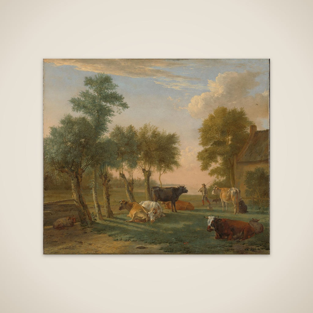 Cows in a meadow near a farm unframed print