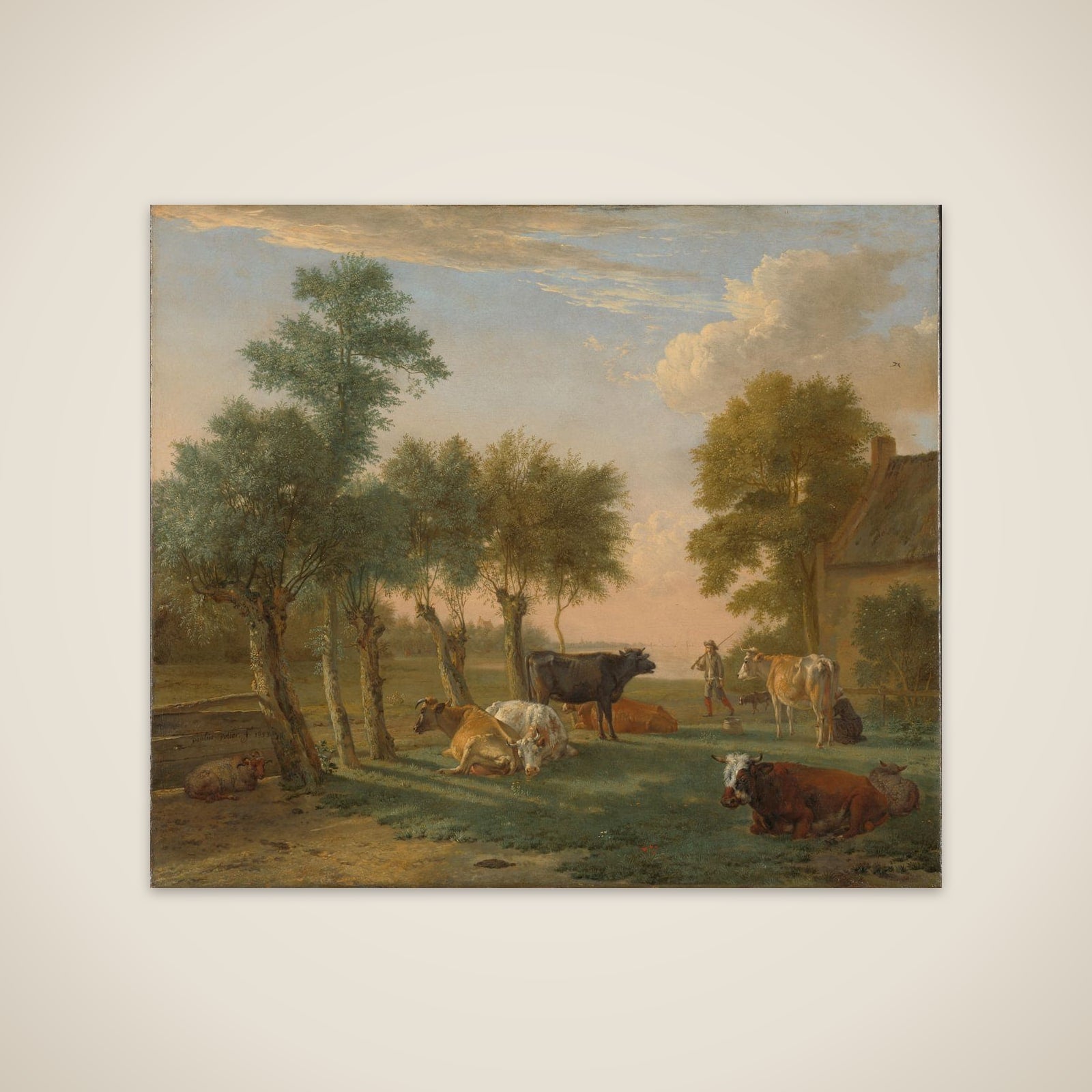Cows in a meadow near a farm unframed print