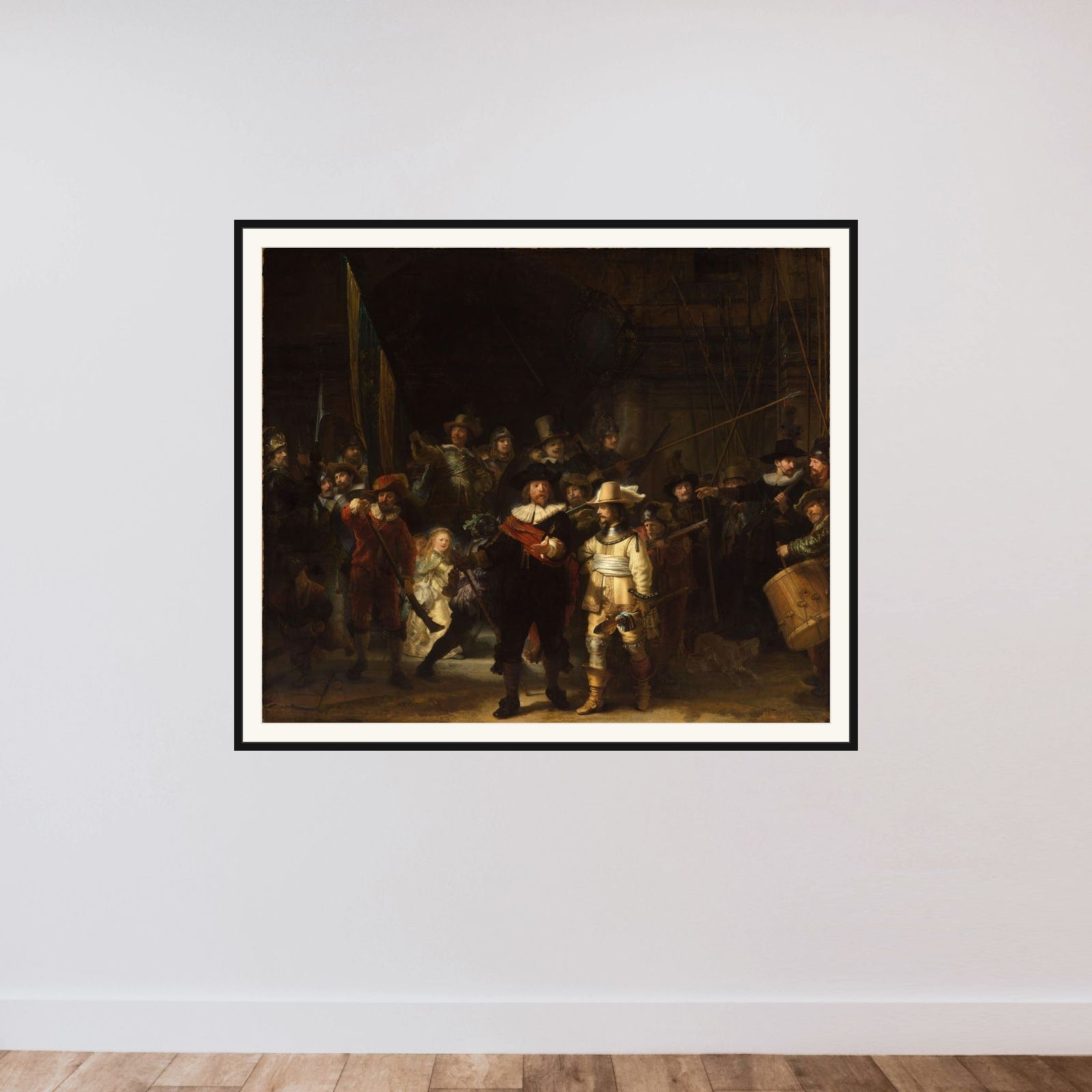 Officers and other civic guardsmen of District II in Amsterdam, under the command of Captain Frans Banninck Cocq and Lieutenant Willem van Ruytenburch, known as ‘The Night Watch’ framed — shown to scale