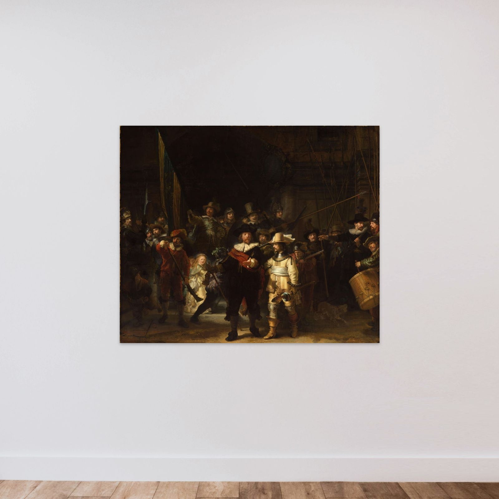 Officers and other civic guardsmen of District II in Amsterdam, under the command of Captain Frans Banninck Cocq and Lieutenant Willem van Ruytenburch, known as ‘The Night Watch’ unframed — shown to scale