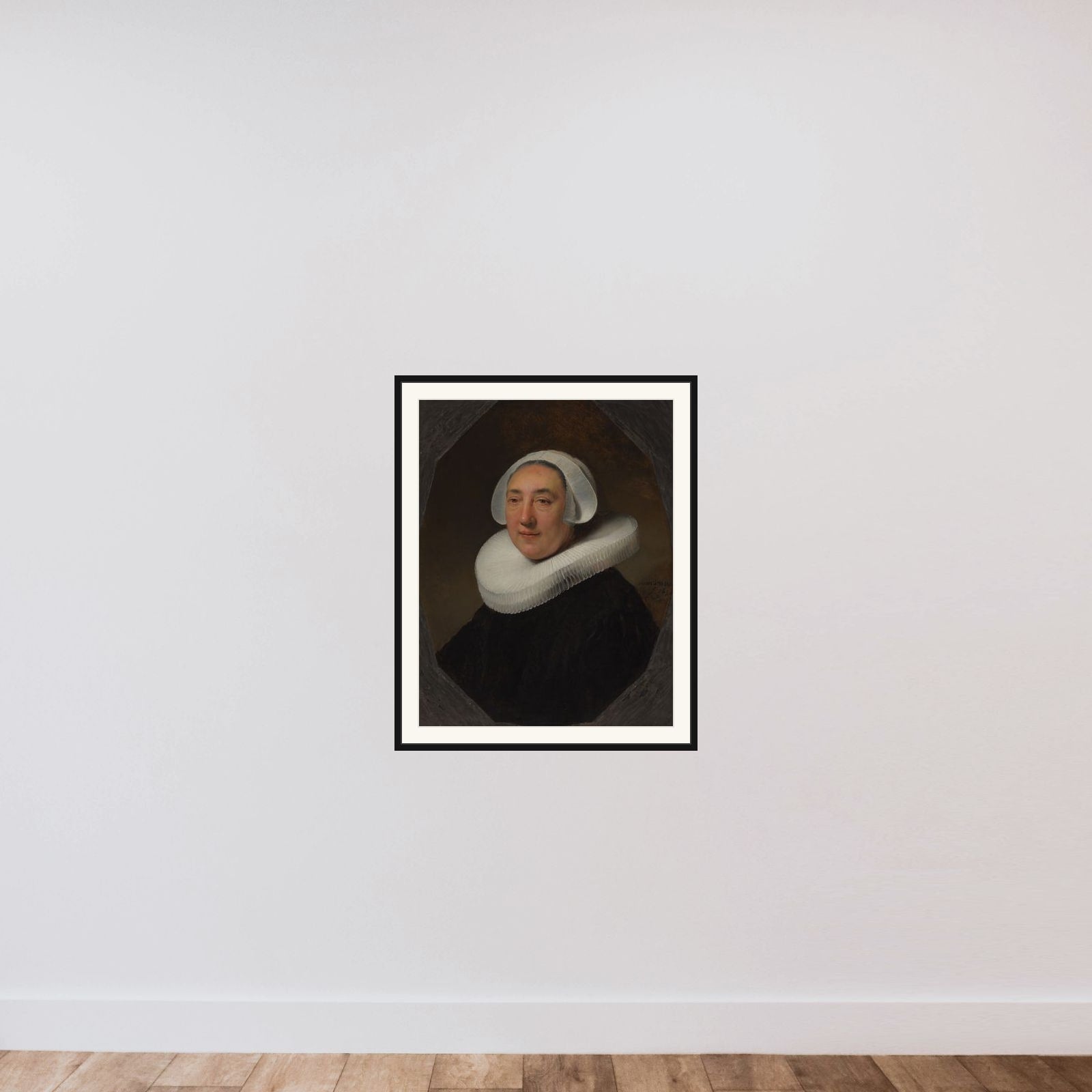 Portrait of Haesje Jacobsdr van Cleyburg (1583-1641). Wife of the Rotterdam Brewer Dirck Jansz Pesser (1586-1651) framed — shown to scale