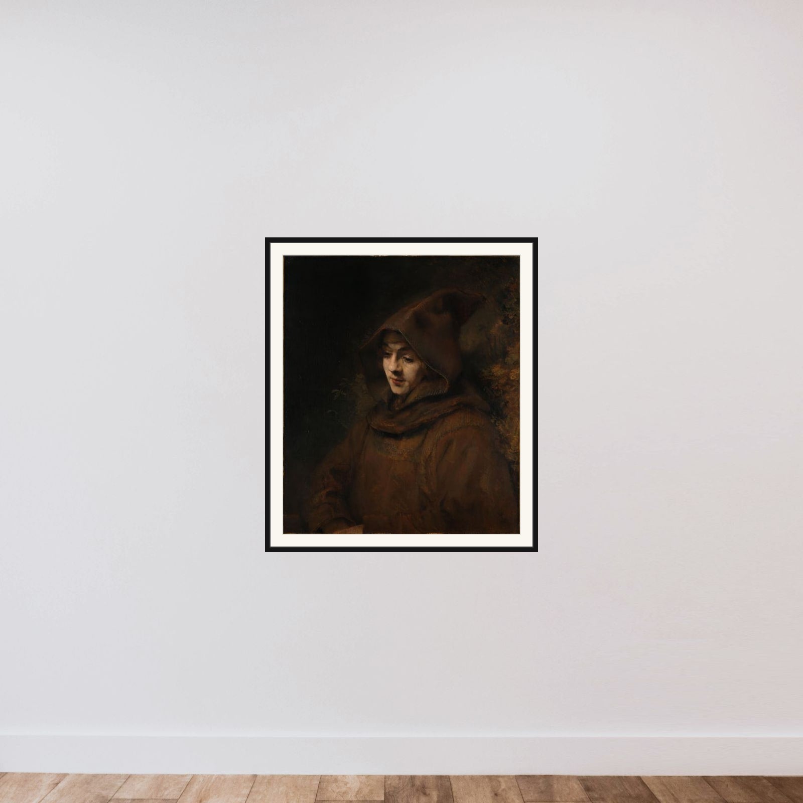 Rembrandt's son in a monk's habit, possibly in the guise of St Francis of Assisi framed — shown to scale