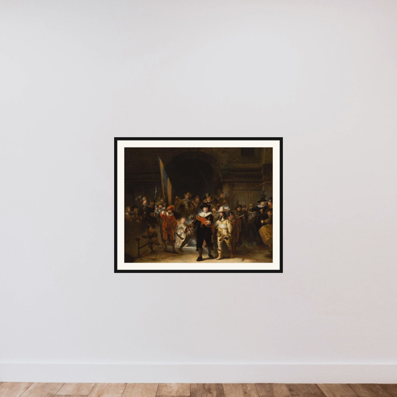 The company of Captain Frans Banning Cocq and Lieutenant Willem van Ruytenburch, known as 'The nightwatch' framed — shown to scale