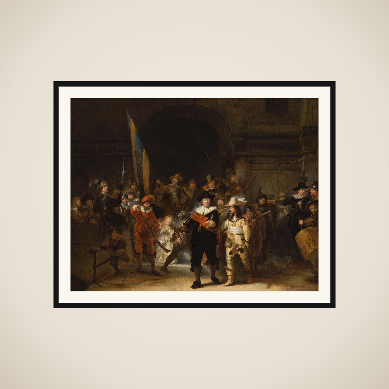 The company of Captain Frans Banning Cocq and Lieutenant Willem van Ruytenburch, known as 'The nightwatch' framed