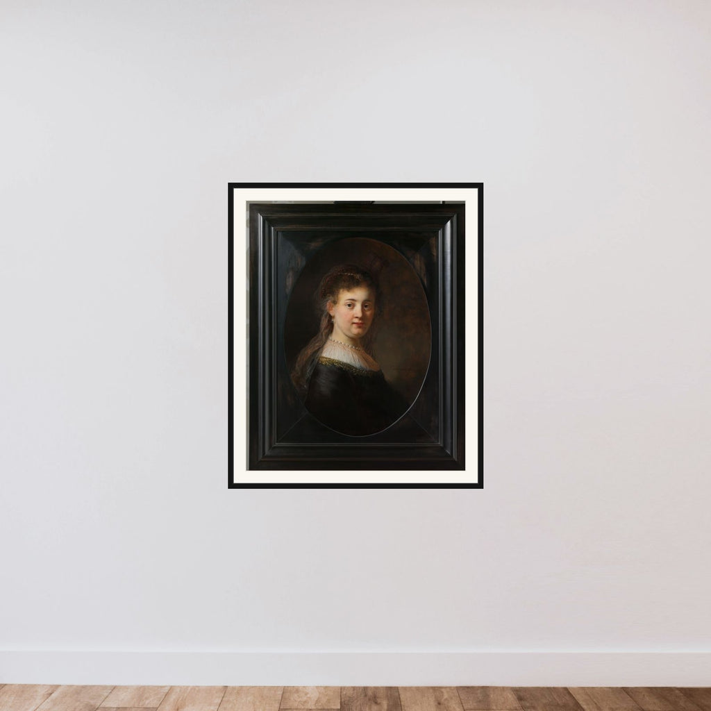 Portrait of a Woman, thought to be Rembrandt´s Wife Saskia van Uylenburgh (1612-1642) framed — shown to scale