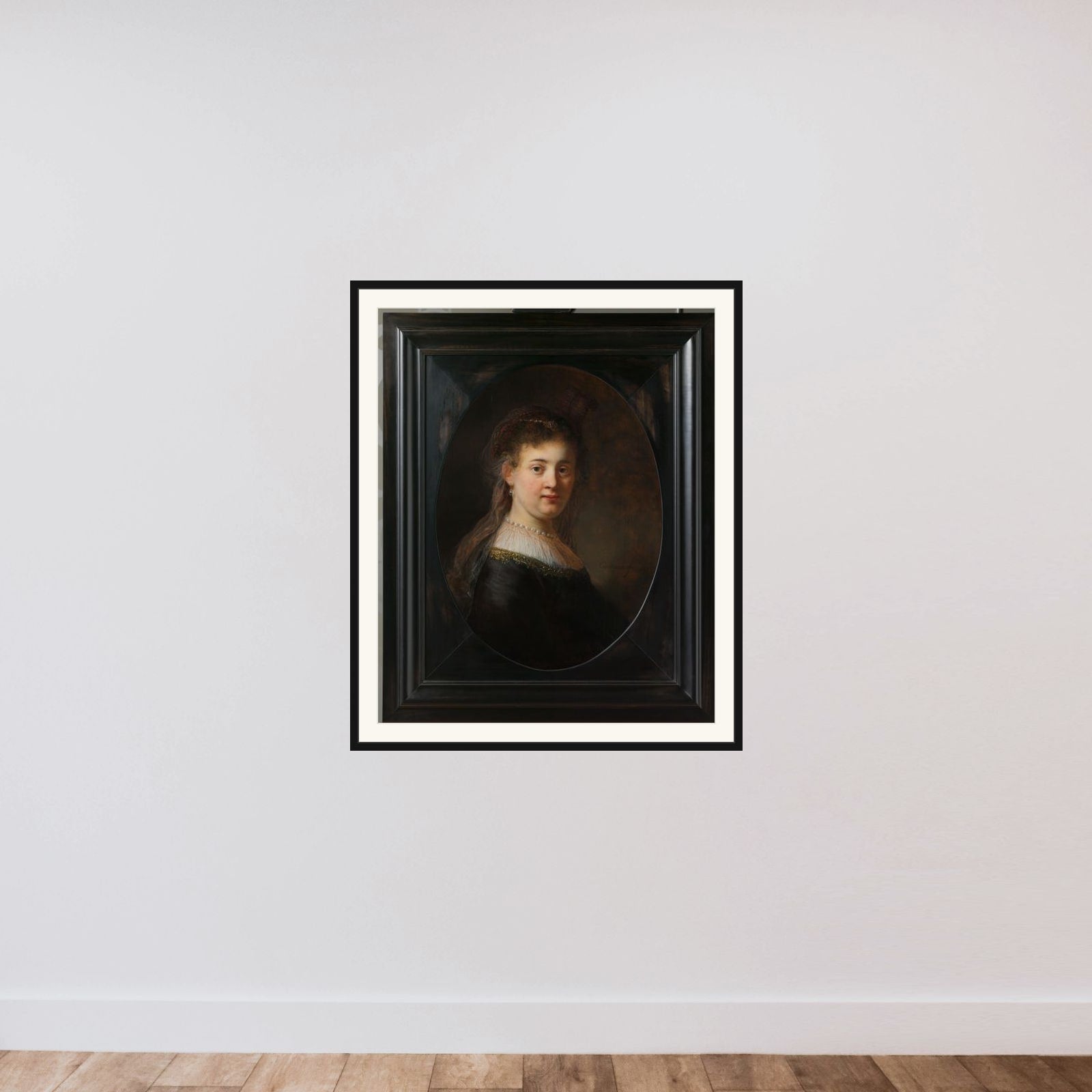 Portrait of a Woman, thought to be Rembrandt´s Wife Saskia van Uylenburgh (1612-1642) framed — shown to scale