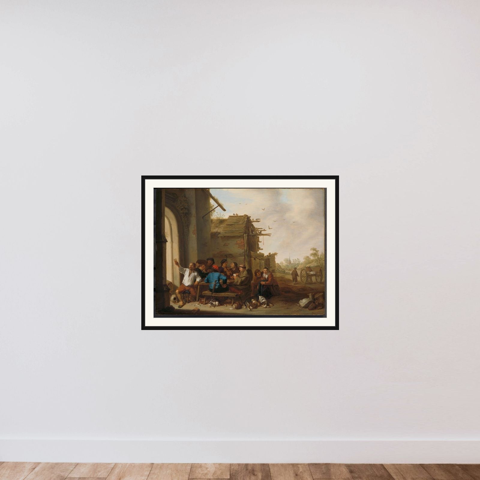 Figures before a Village Inn framed — shown to scale