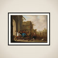 Figures before a Village Inn framed