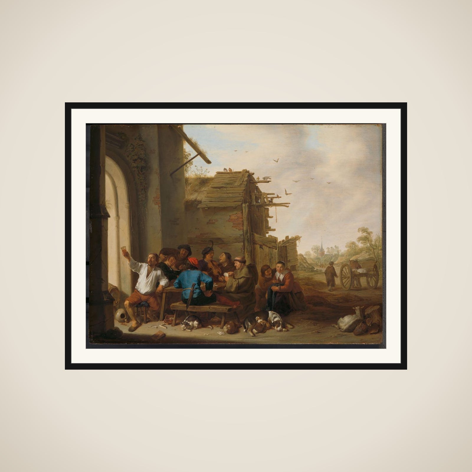 Figures before a Village Inn framed