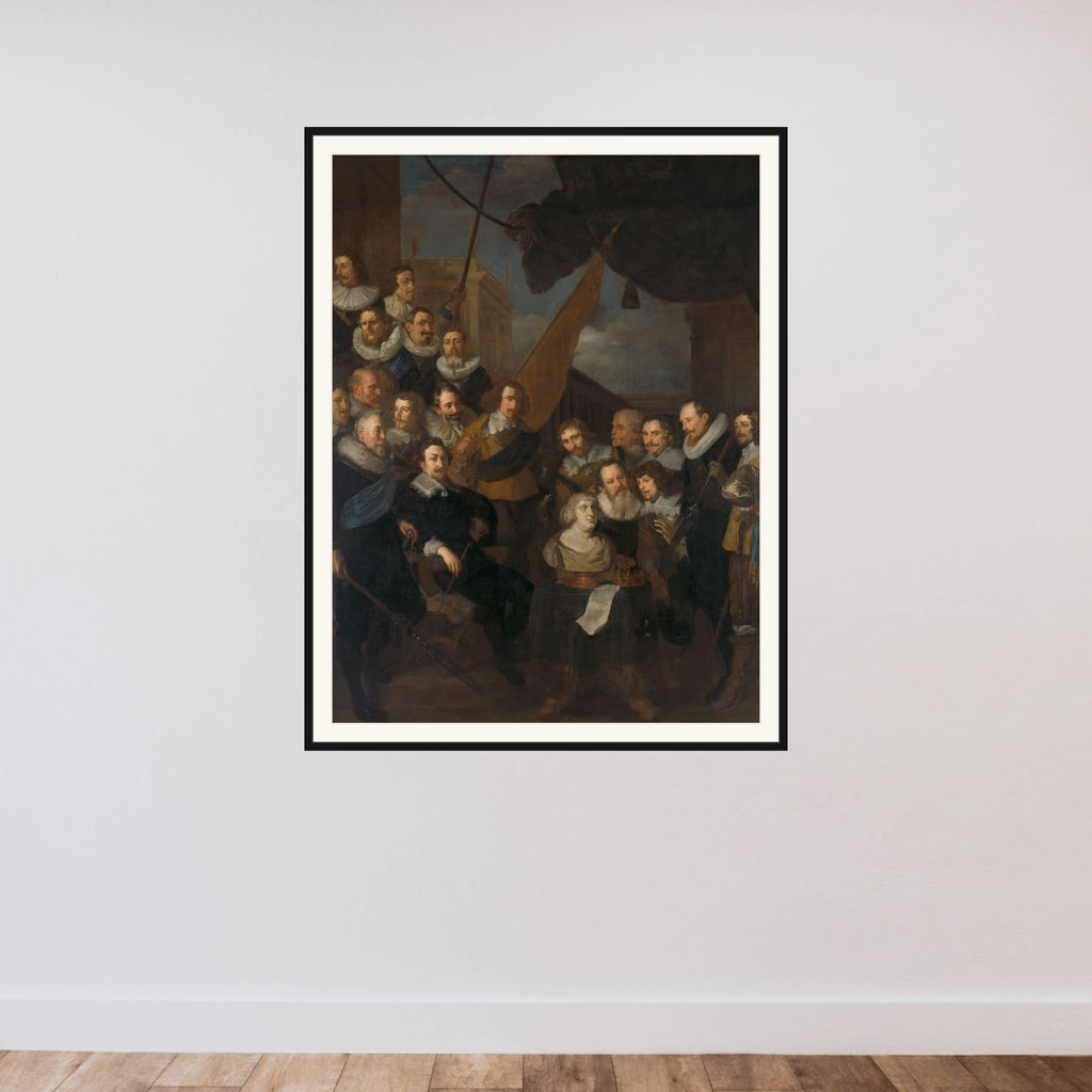 Officers and other Civic Guardsmen of the XIX District of Amsterdam, under the command of Captain Cornelis Bicker and Lieutenant Frederick van Banchem, waiting to welcome Marie de Médicis, 1 September 1638 framed — shown to scale