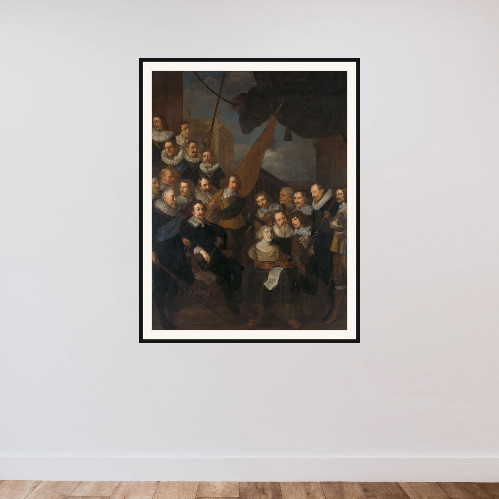 Officers and other Civic Guardsmen of the XIX District of Amsterdam, under the command of Captain Cornelis Bicker and Lieutenant Frederick van Banchem, waiting to welcome Marie de Médicis, 1 September 1638 framed — shown to scale