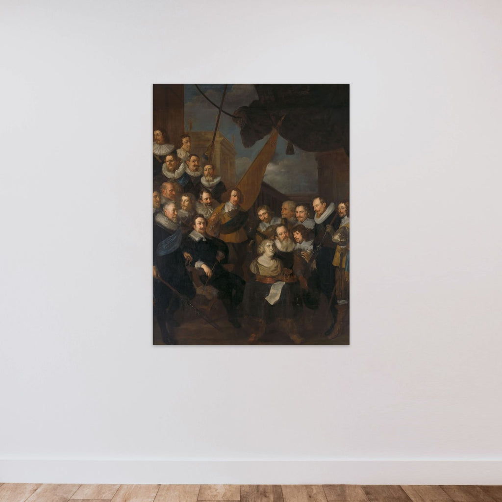 Officers and other Civic Guardsmen of the XIX District of Amsterdam, under the command of Captain Cornelis Bicker and Lieutenant Frederick van Banchem, waiting to welcome Marie de Médicis, 1 September 1638 unframed — shown to scale