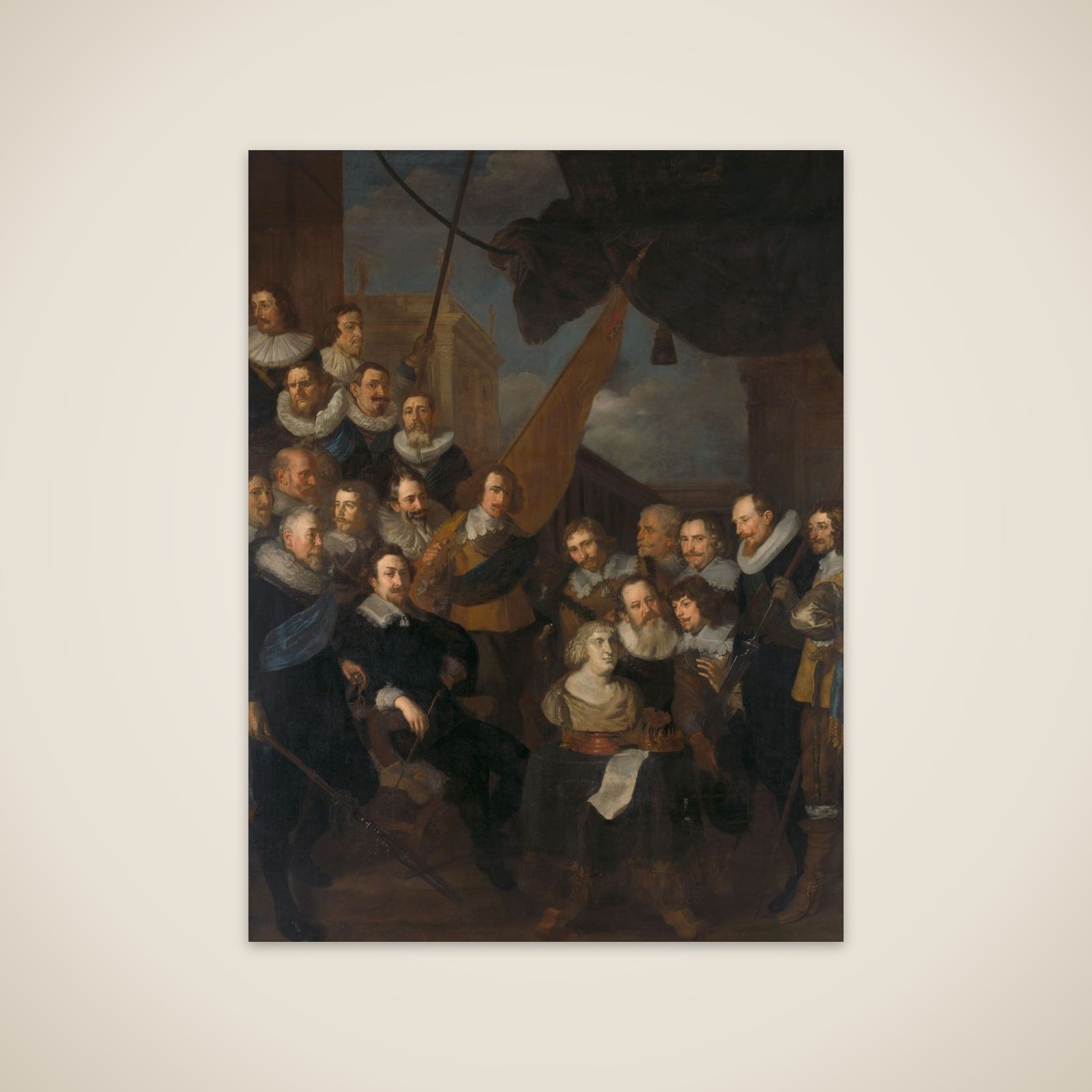 Officers and other Civic Guardsmen of the XIX District of Amsterdam, under the command of Captain Cornelis Bicker and Lieutenant Frederick van Banchem, waiting to welcome Marie de Médicis, 1 September 1638 unframed print