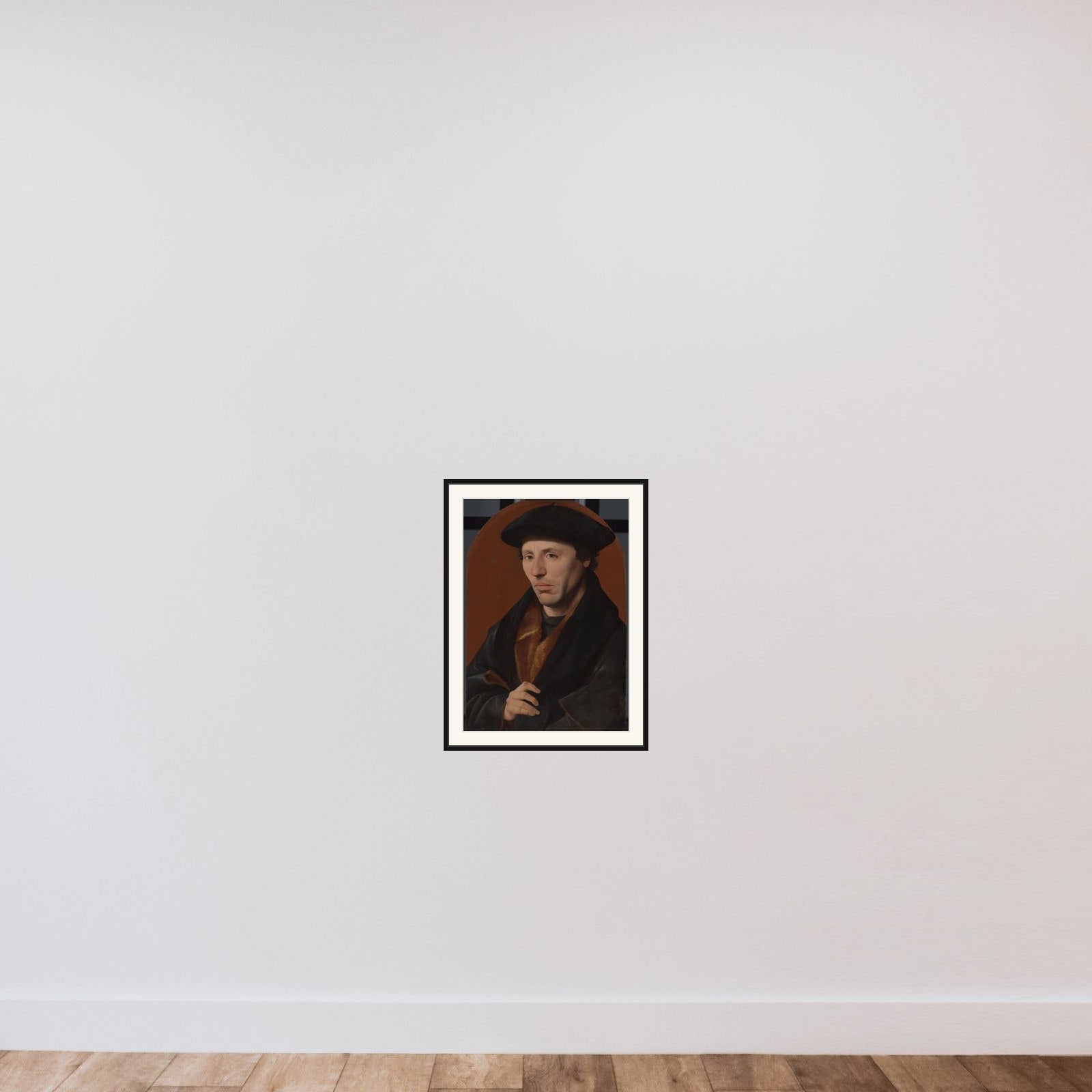 Portrait of a man framed — shown to scale