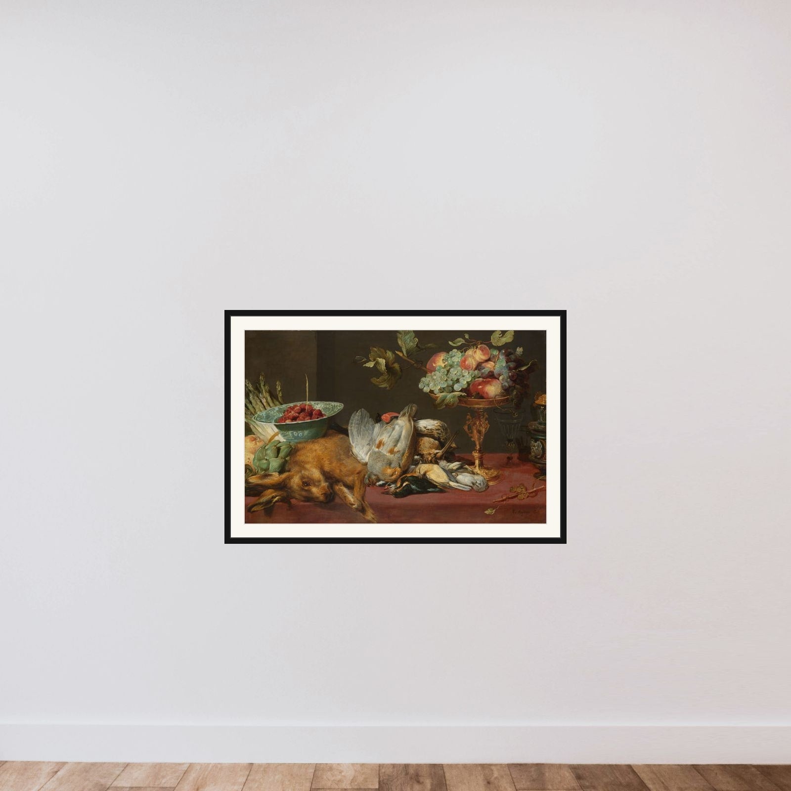 Still Life with Dead Game, Fruit and Vegetables framed — shown to scale