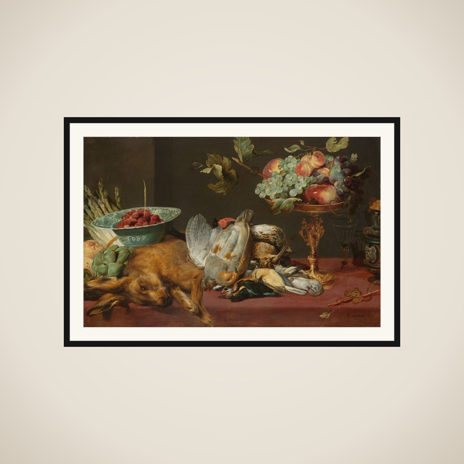 Still Life with Dead Game, Fruit and Vegetables framed