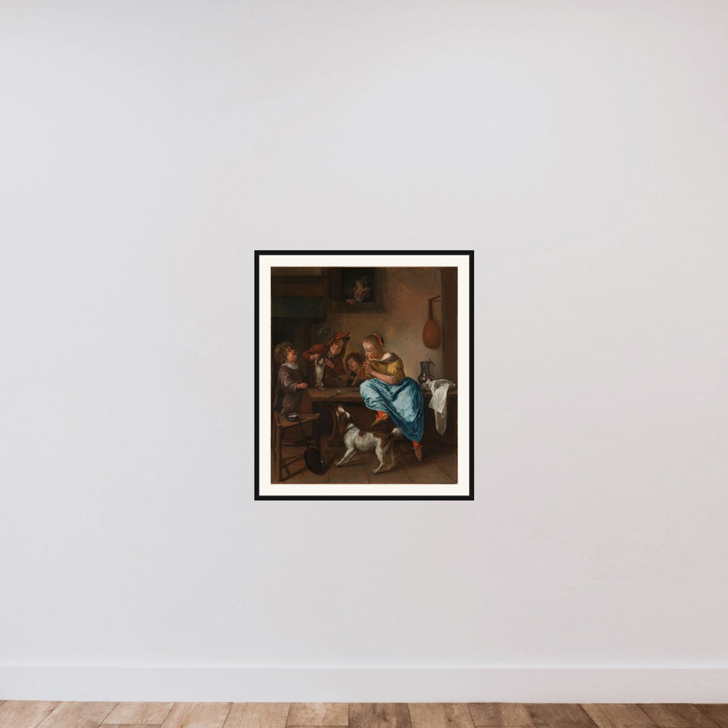 Children teaching a cat to dance, known as 'The dancing lesson' framed — shown to scale