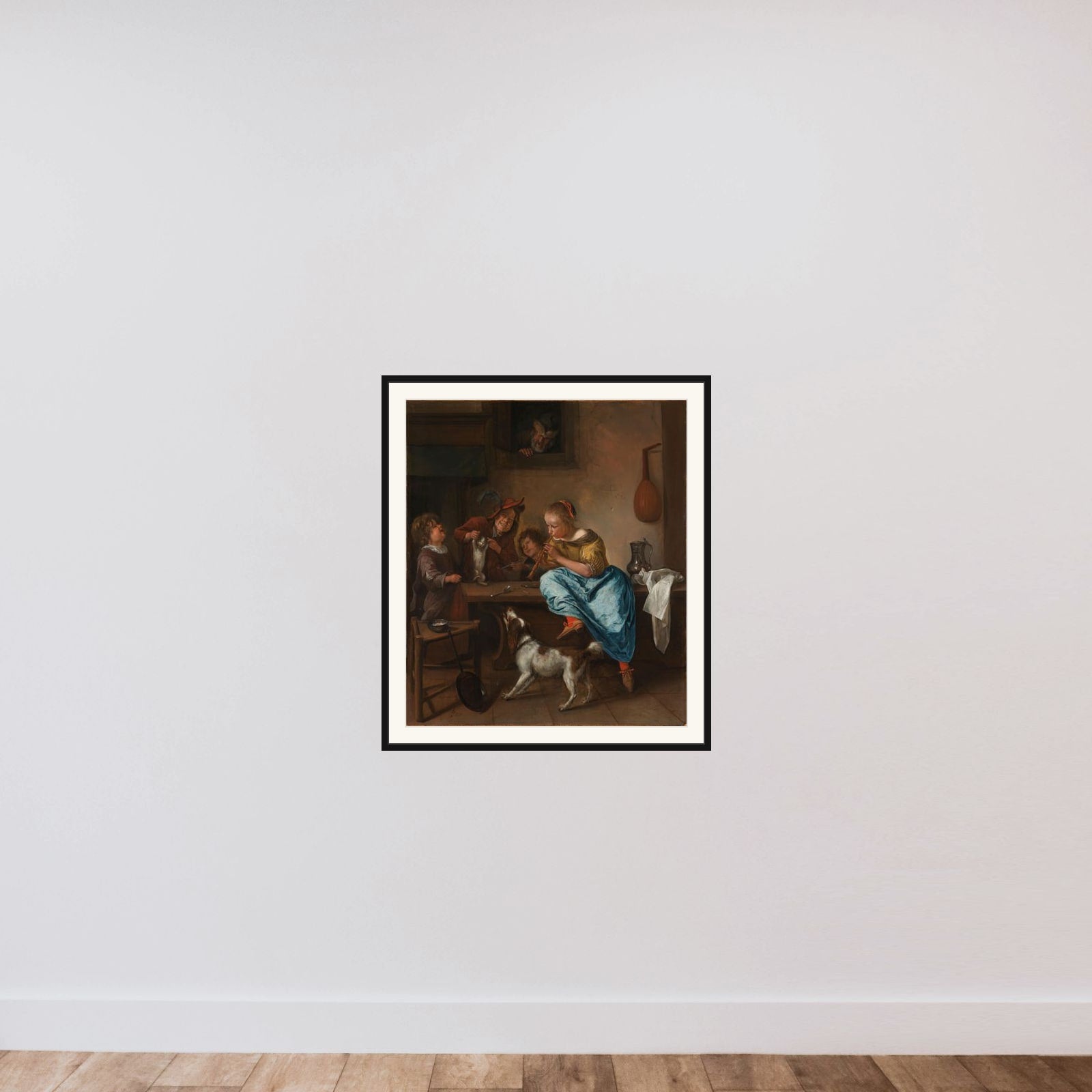 Children teaching a cat to dance, known as 'The dancing lesson' framed — shown to scale