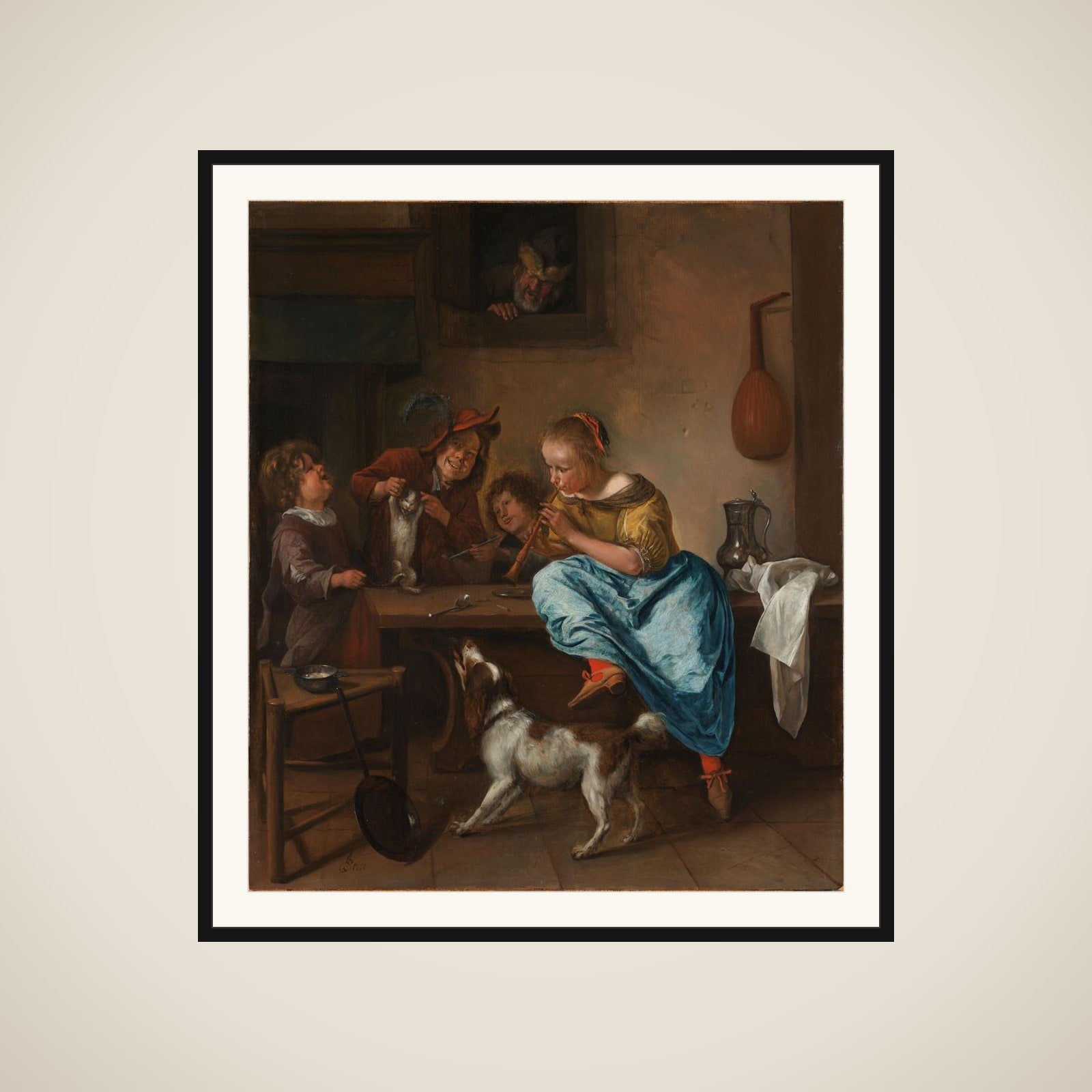 Children teaching a cat to dance, known as 'The dancing lesson' framed
