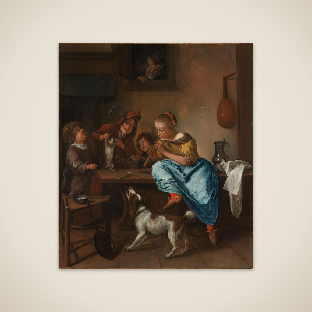Children teaching a cat to dance, known as 'The dancing lesson' unframed print