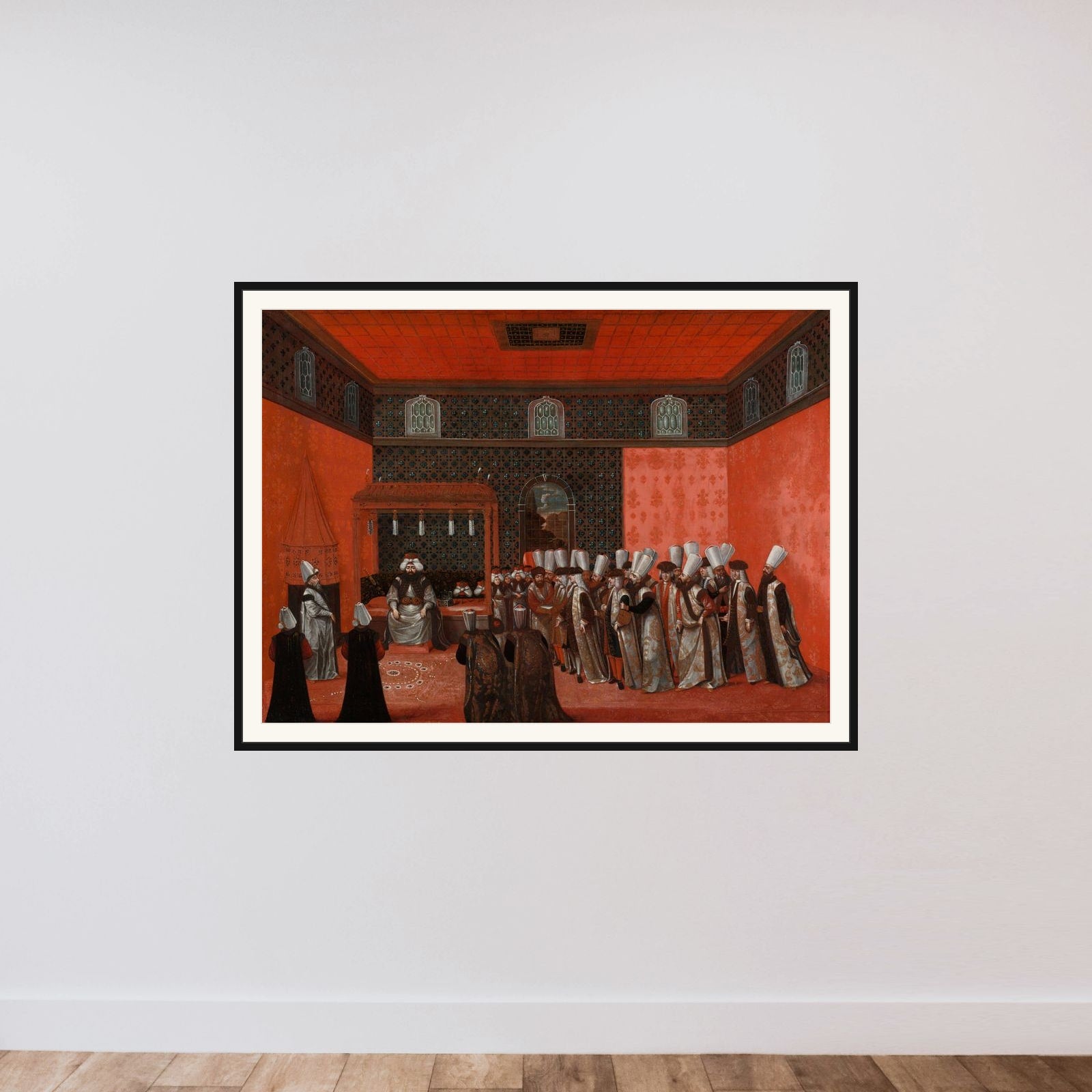 An Ambassador's Audience with Sultan Ahmed III (Ambassador Cornelis Calkoen) framed — shown to scale