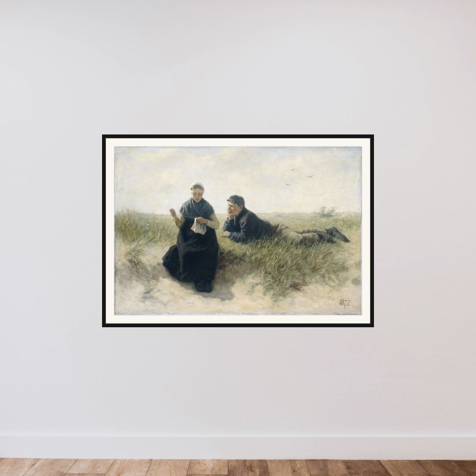 Boy and Girl in the Dunes framed — shown to scale