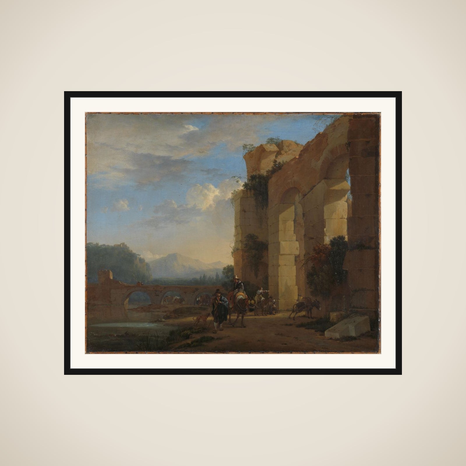 Donkey Drivers beside a ruin in Italy framed