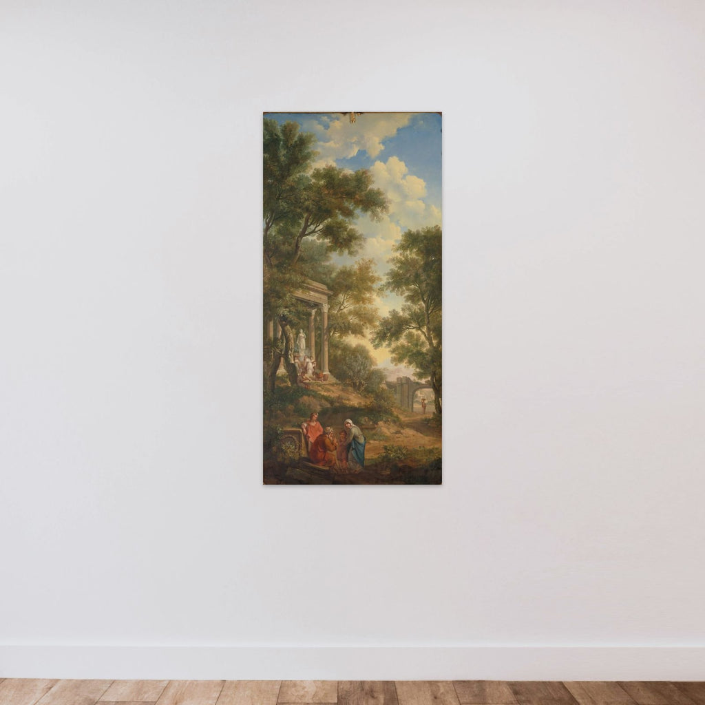 Arcadisch landschap with links een tempel en op de voorgrond een zittende old man unframed — shown to scale